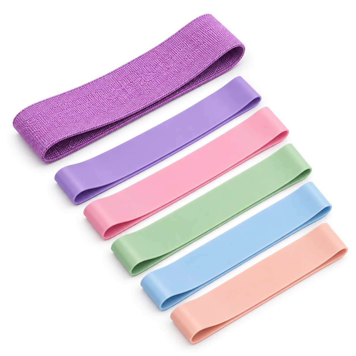 Purple fabric resistance loop beside five thin pastel-colored loop bands arranged diagonally on a white background