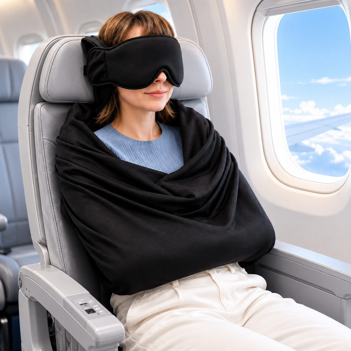 Woman resting in an airplane window seat with a black travel eye mask and fabric wrap around her shoulders and arms