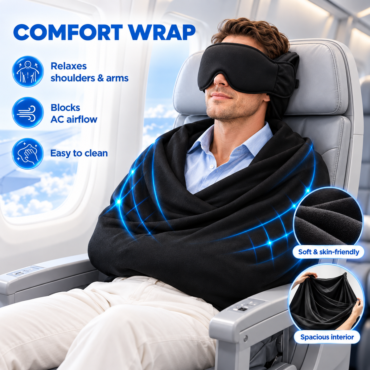 Man wearing a black travel eye mask and shoulder wrap in an airplane seat, with close-ups of the fabric and wrap opening