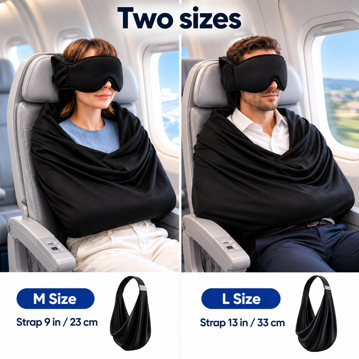 Travel pillow and eye mask size guide showing medium with a 9-inch (23 cm) strap and large with a 13-inch (33 cm) strap
