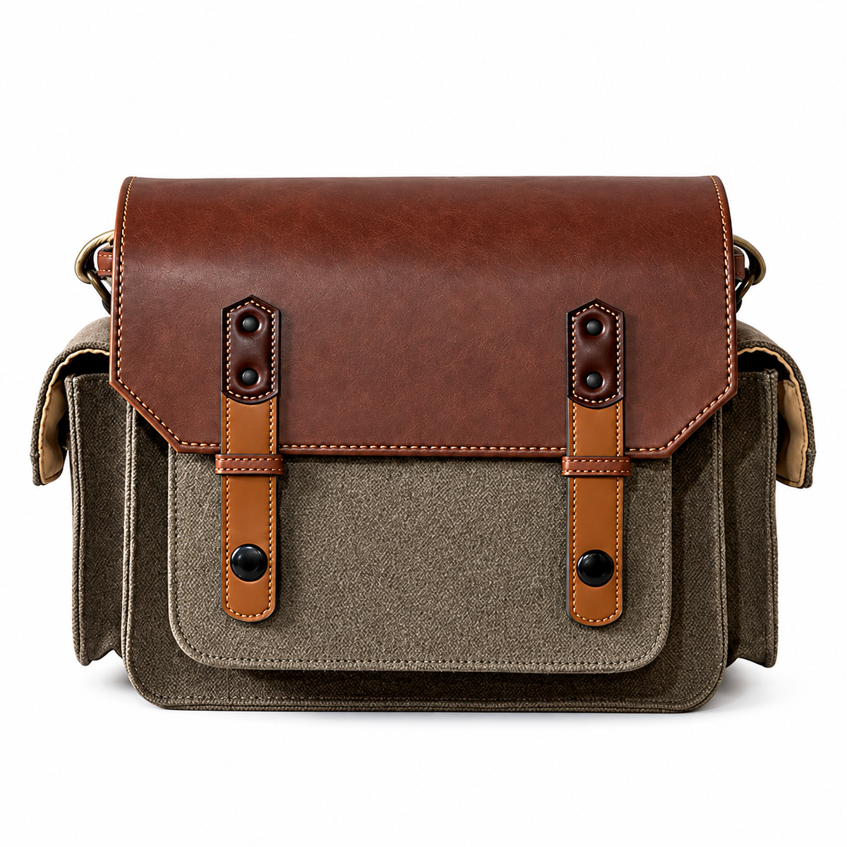 Front view of a gray-brown camera bag with a brown flap, twin tan fastening straps and exterior pockets on a white background