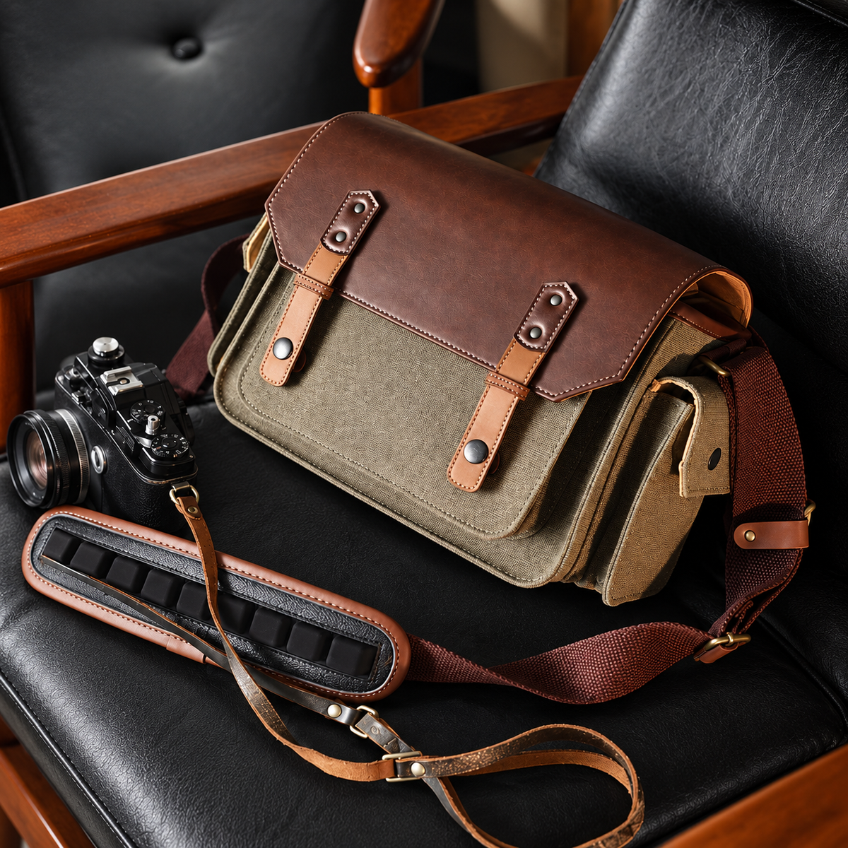 Vintage camera shoulder bag on a black armchair beside a camera, showing its brown flap, side pocket and shoulder strap