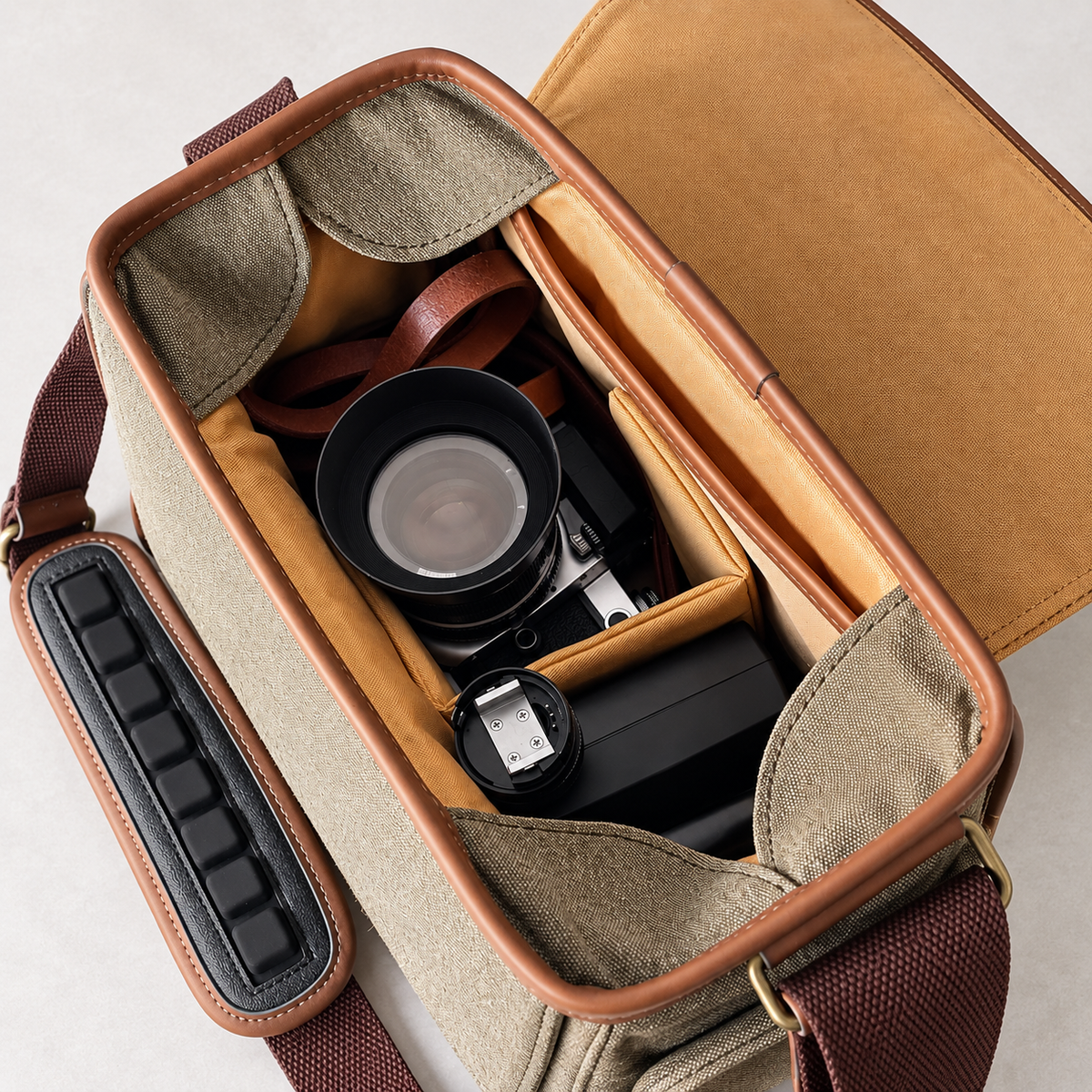 Open camera bag viewed from above, showing a camera and accessories separated by padded interior dividers