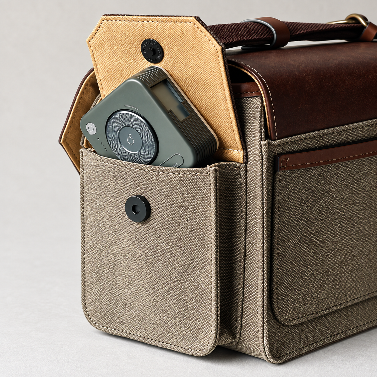 Close-up of an open side pocket on a vintage camera bag holding a small electronic accessory