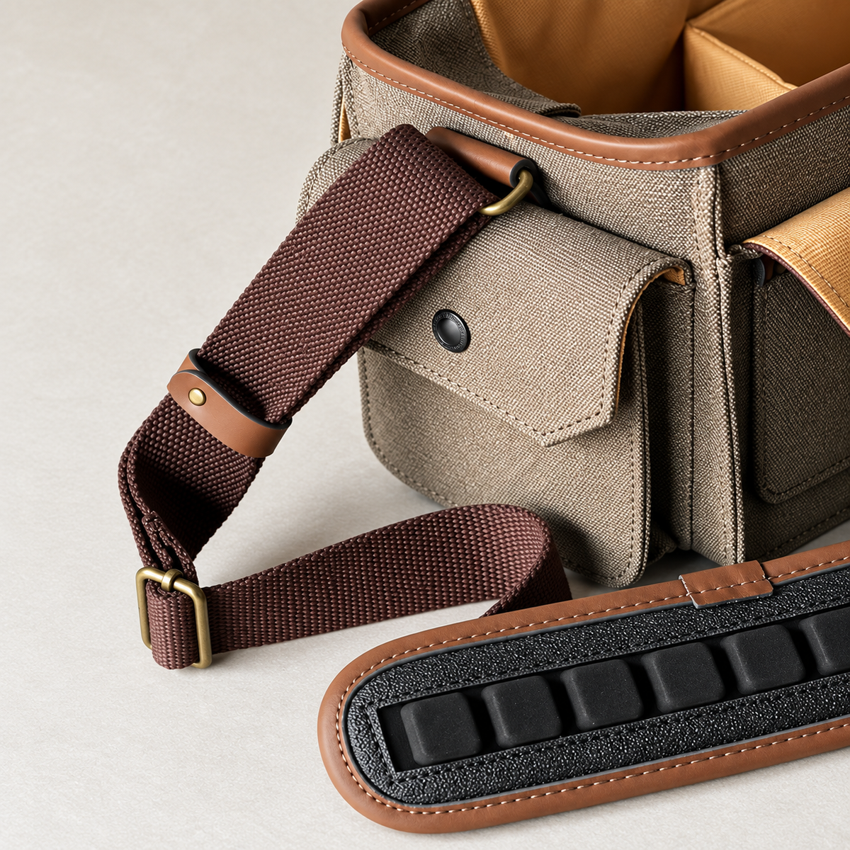Close-up of a camera bag's adjustable brown shoulder strap, metal buckle, shoulder pad and side pocket