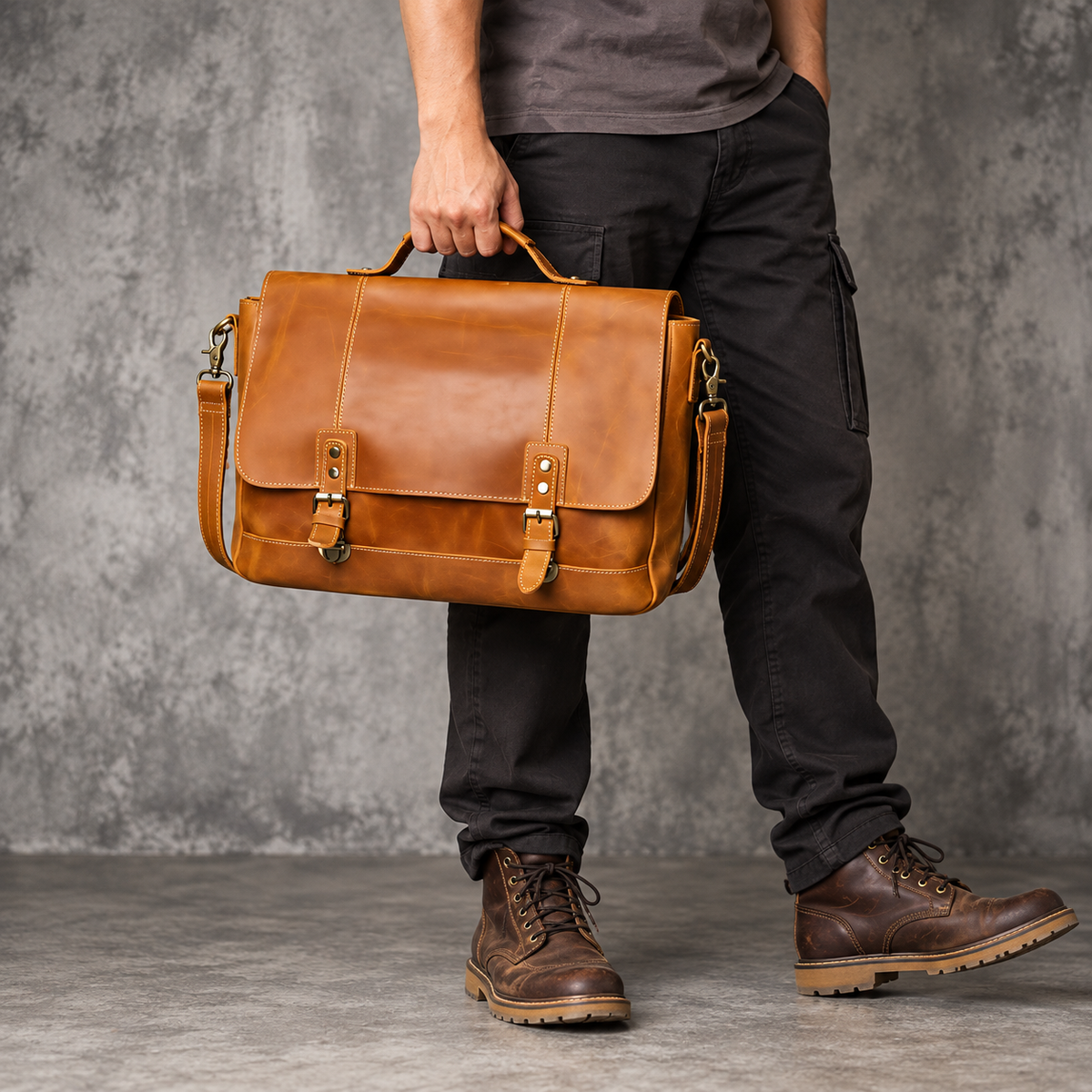 Man carrying a brown leather briefcase by its top handle, showing the front flap, twin buckle straps and shoulder strap