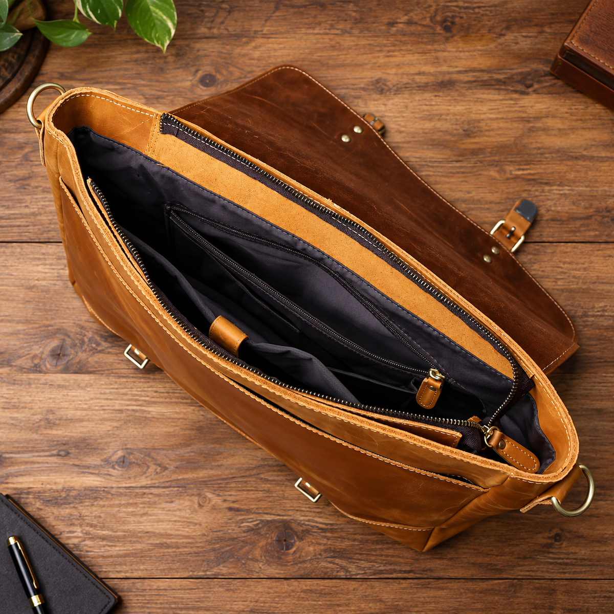 Open brown leather briefcase on a wooden table, showing black lining, divided compartments and interior zipper pockets