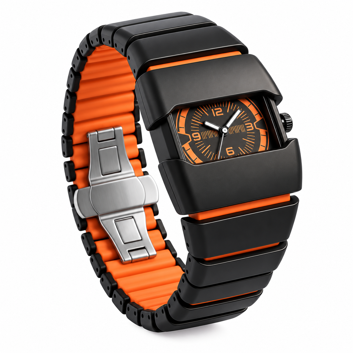 Black and orange analog wristwatch with a numbered dial, segmented bracelet and open clasp on a white background