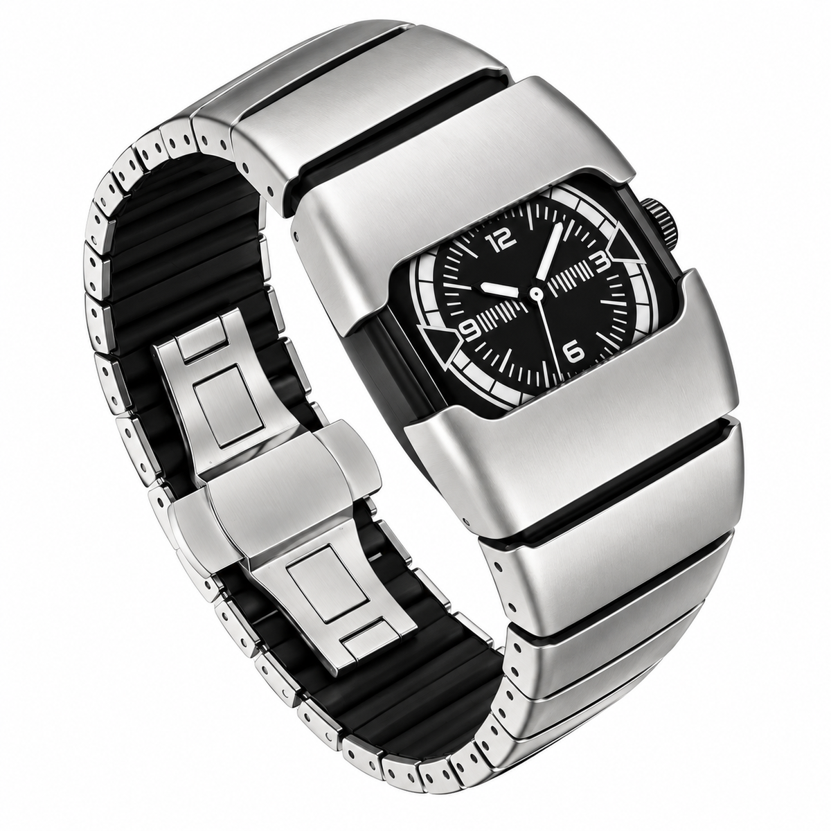 Silver-colored analog wristwatch with a black numbered dial, segmented bracelet and open clasp on a white background