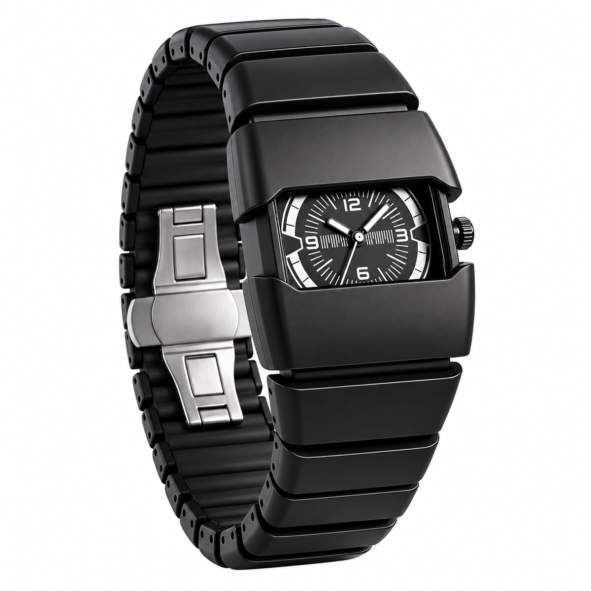 Black analog wristwatch with white numerals, a wide segmented bracelet and open clasp on a white background