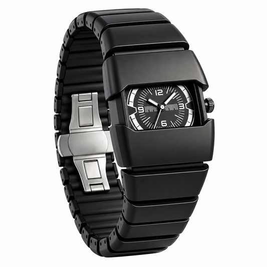 Black analog wristwatch with white numerals, a wide segmented bracelet and open clasp on a white background