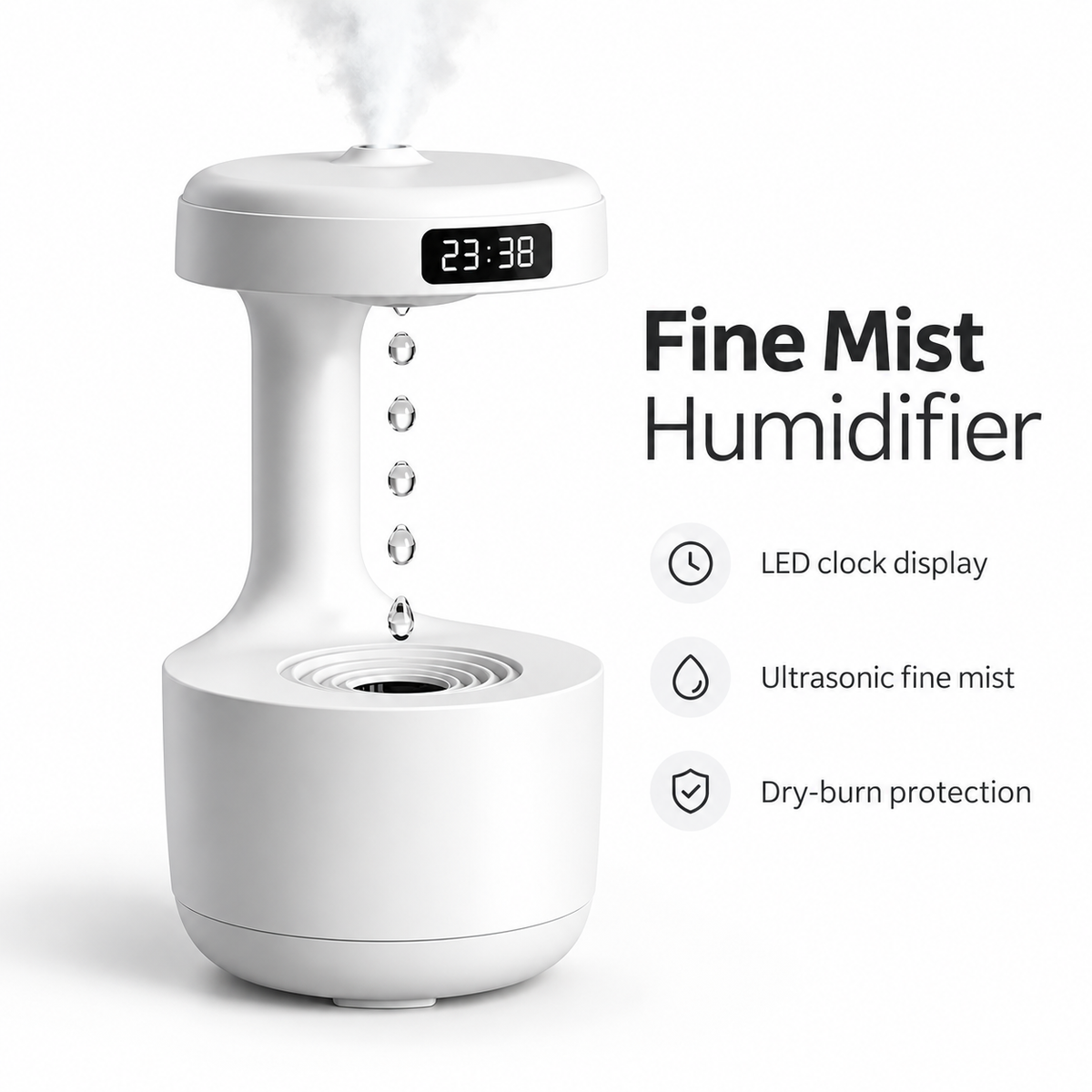 White anti-gravity humidifier releasing mist, with an LED display, floating droplet effect and feature callouts