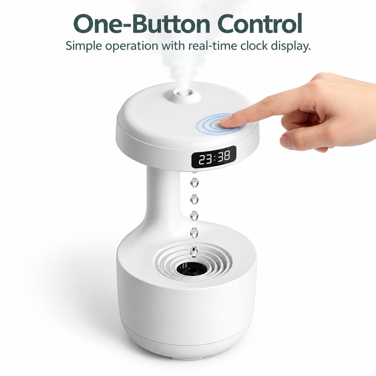 Hand pressing the top button of a white anti-gravity humidifier with mist output and an LED display