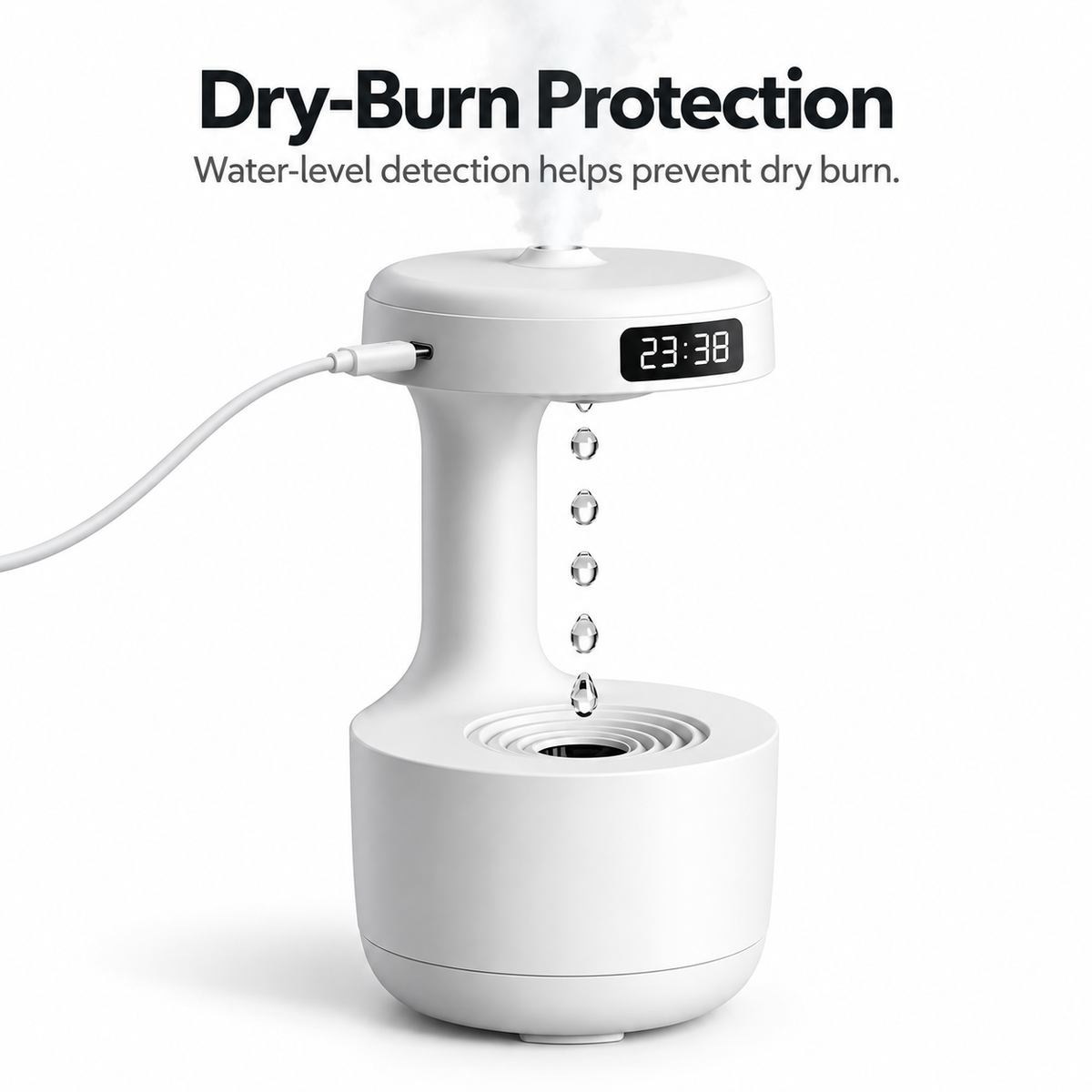 White anti-gravity humidifier with a USB cable connected and text highlighting low-water protection