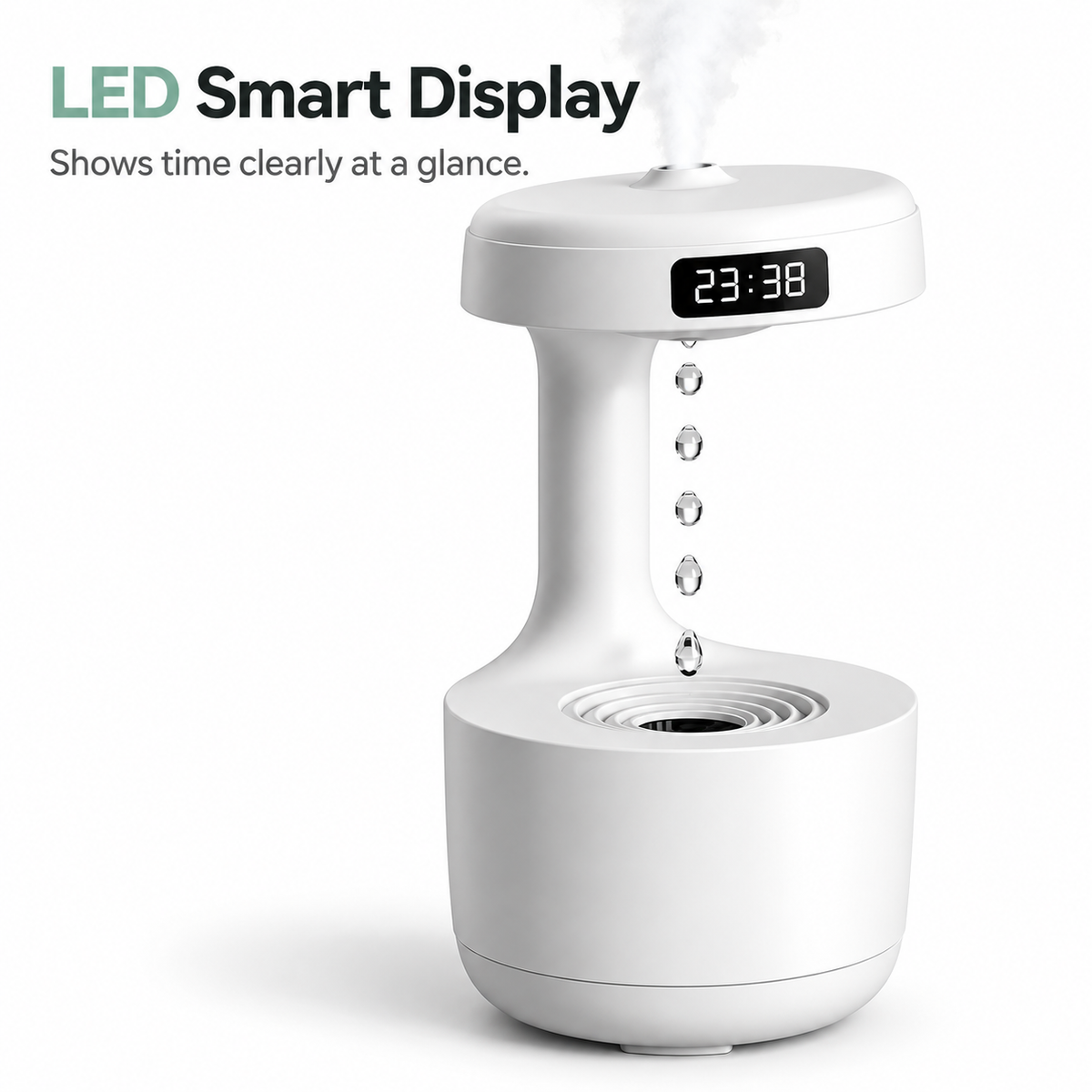 White anti-gravity humidifier with an LED display showing 23:38, mist output and a floating water droplet effect
