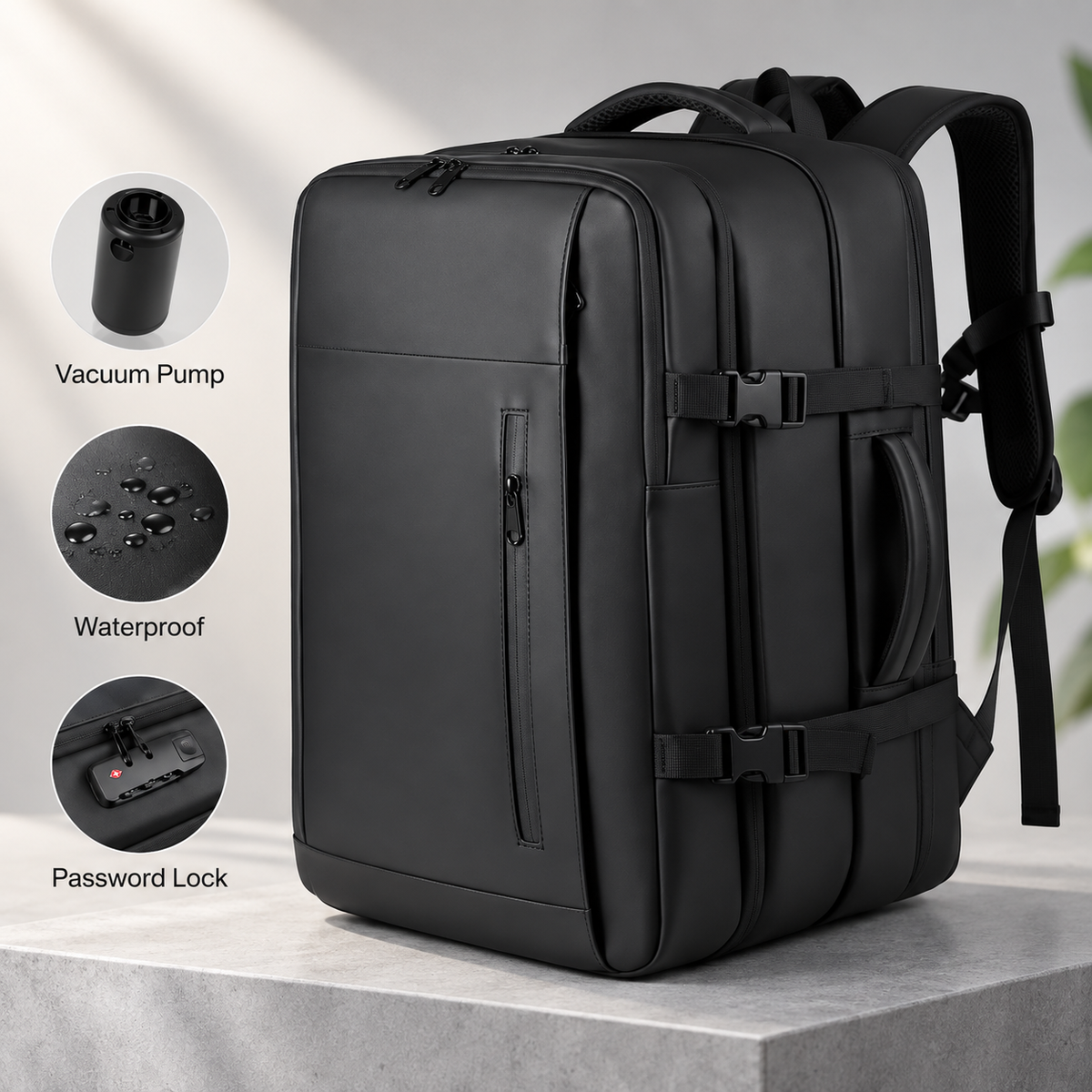 Black vacuum compression backpack with detail insets showing a pump, water droplets on the fabric and a combination lock