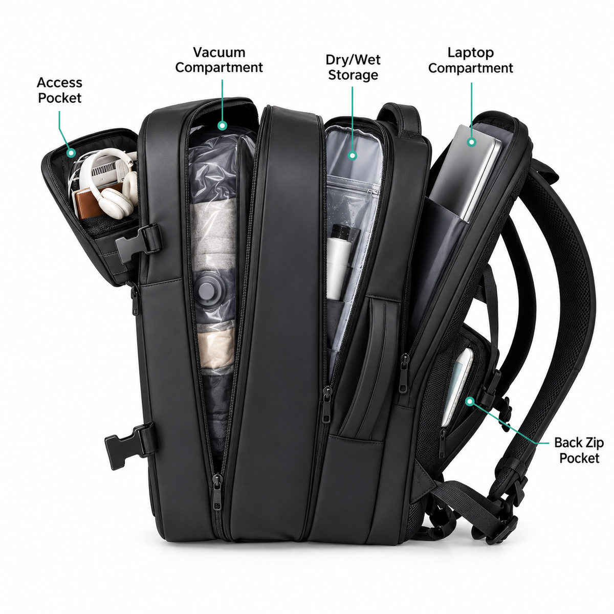 Open black travel backpack showing vacuum clothing storage, a laptop compartment, toiletry storage and accessory pockets

