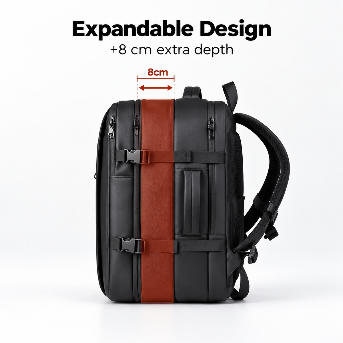 Side view of a black expandable travel backpack with a highlighted panel indicating 8 cm of additional depth
