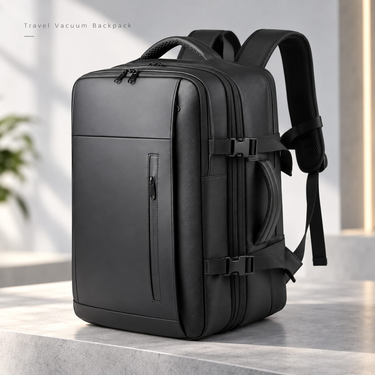 Black vacuum compression travel backpack on a stone surface, showing front zippered pockets, side buckles and a carry handle