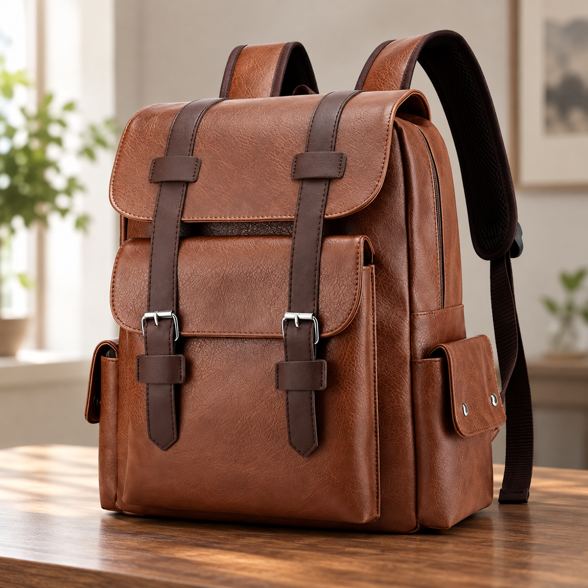 Brown retro PU leather laptop backpack with dark brown buckle straps, a front flap pocket and side pockets on a wooden table
