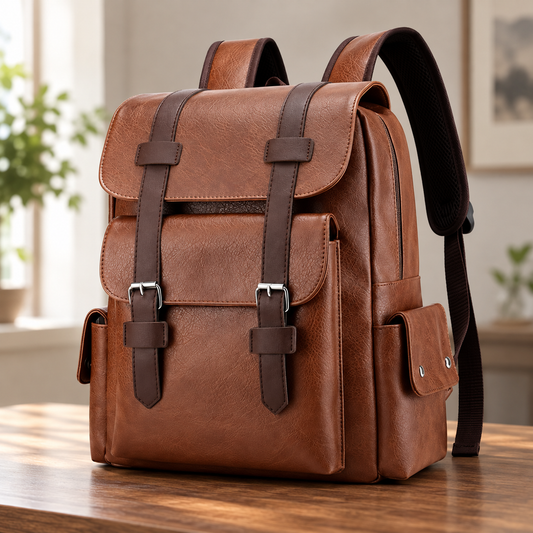 Brown retro PU leather laptop backpack with dark brown buckle straps, a front flap pocket and side pockets on a wooden table
