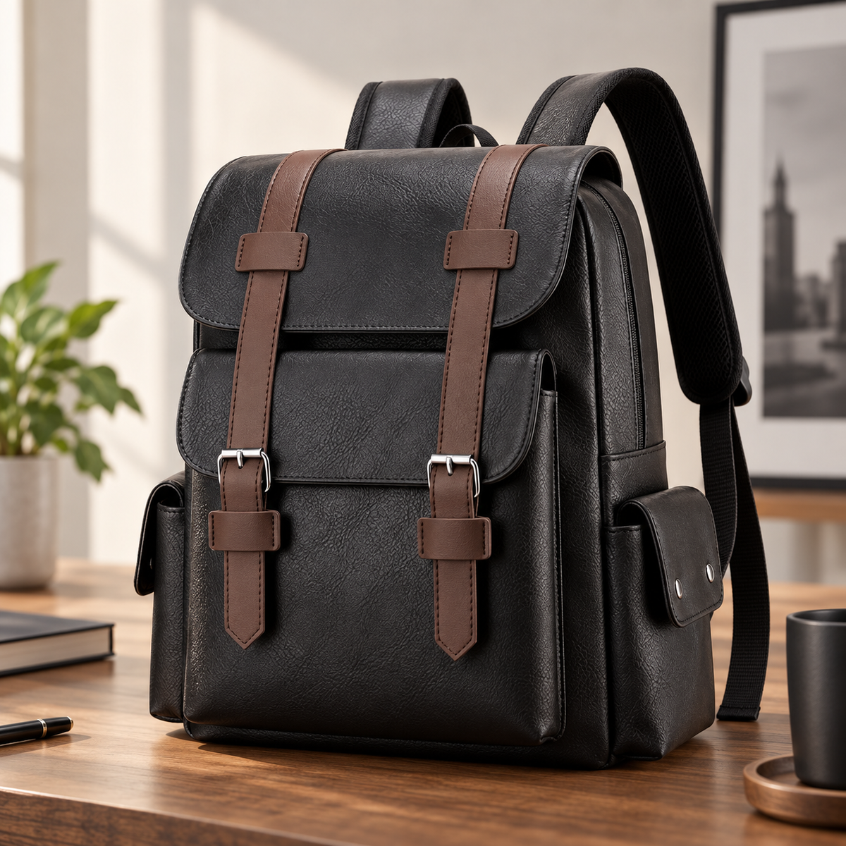 Black retro PU leather laptop backpack with contrasting brown buckle straps and front and side pockets on a desk
