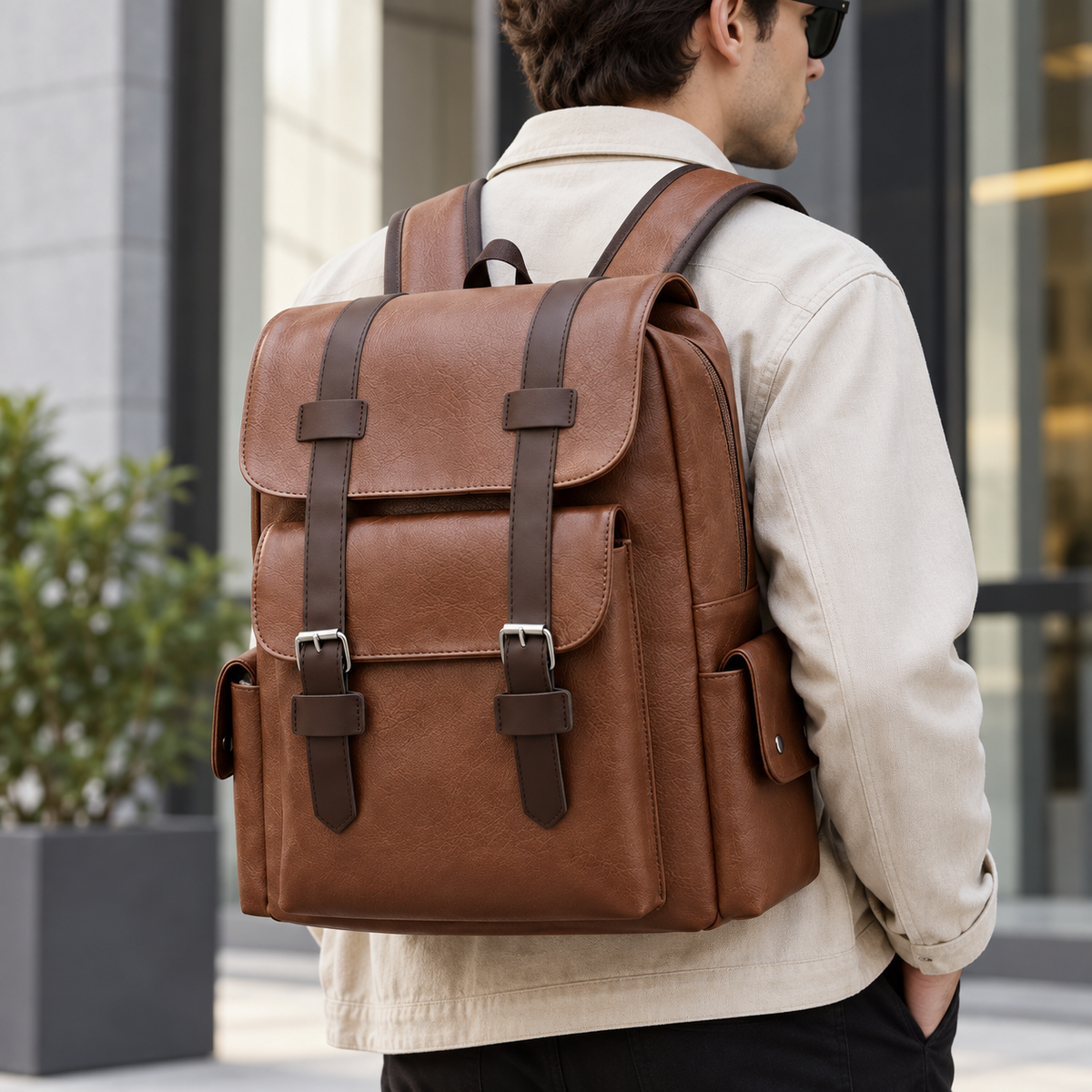 Man wearing a brown retro PU leather backpack with twin buckle straps and side flap pockets outside a building
