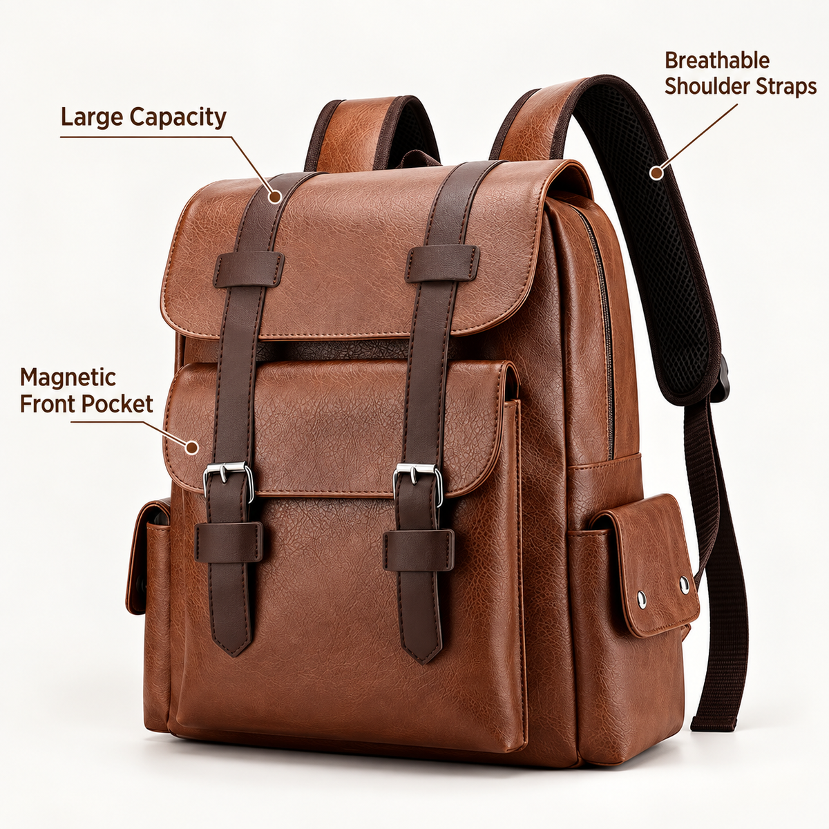 Brown retro backpack with labels highlighting storage capacity, a magnetic front pocket and mesh-lined shoulder straps
