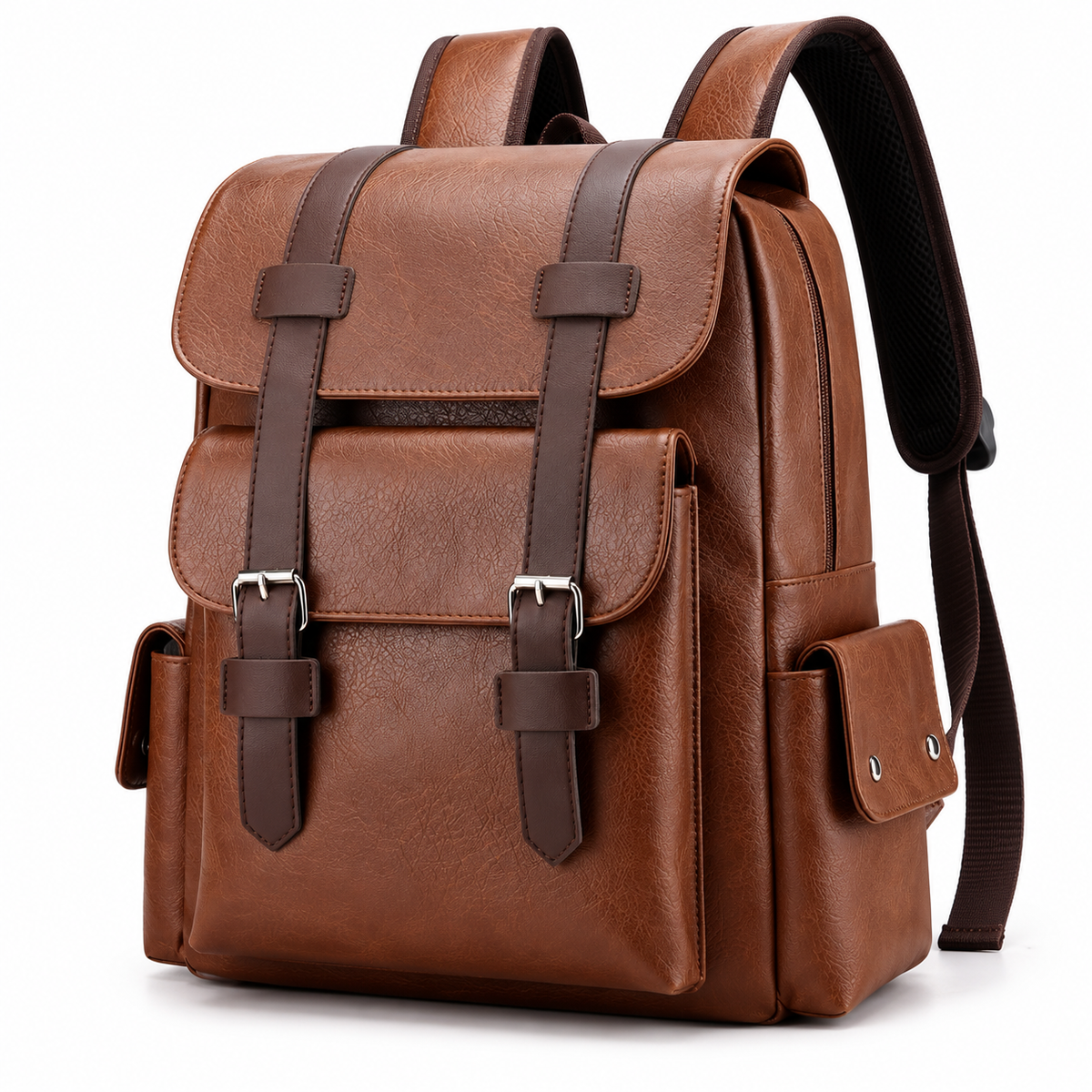 Brown PU leather backpack on a white background, showing its textured finish, top flap, buckle straps and side pockets
