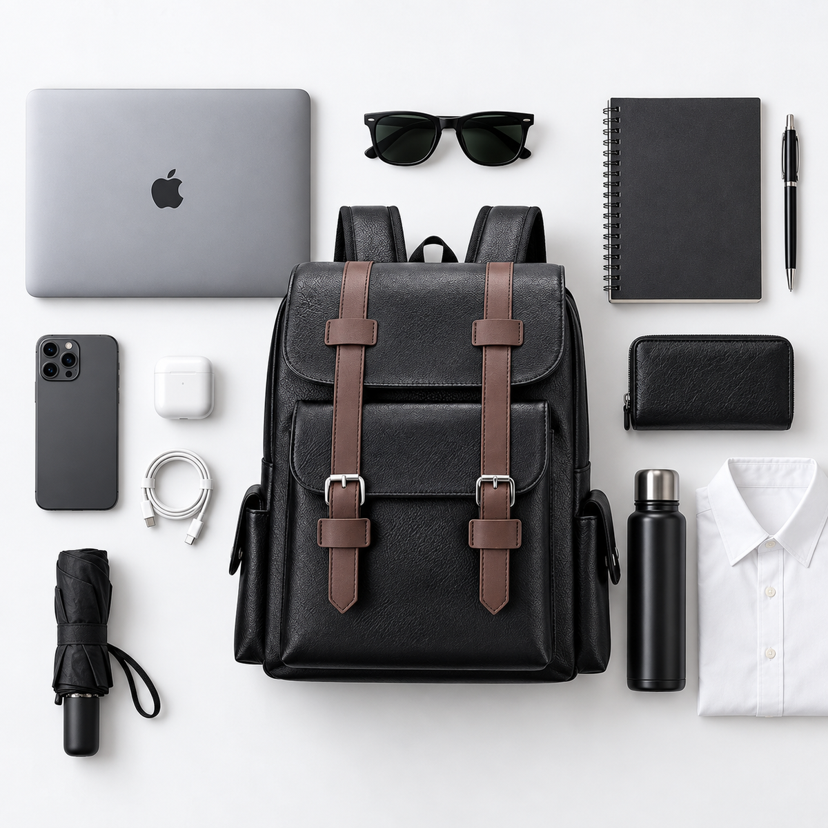 Black retro laptop backpack surrounded by a laptop, phone, notebook, sunglasses, umbrella, bottle and folded shirt
