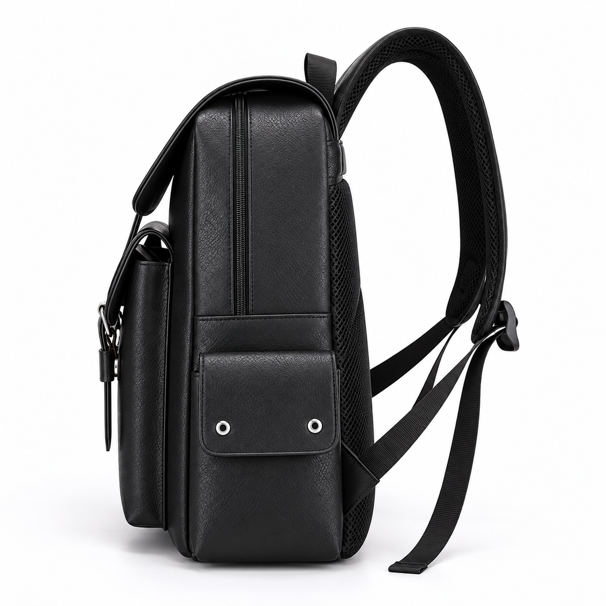 Side view of a black PU leather backpack showing the main zipper, side flap pocket and padded adjustable shoulder strap
