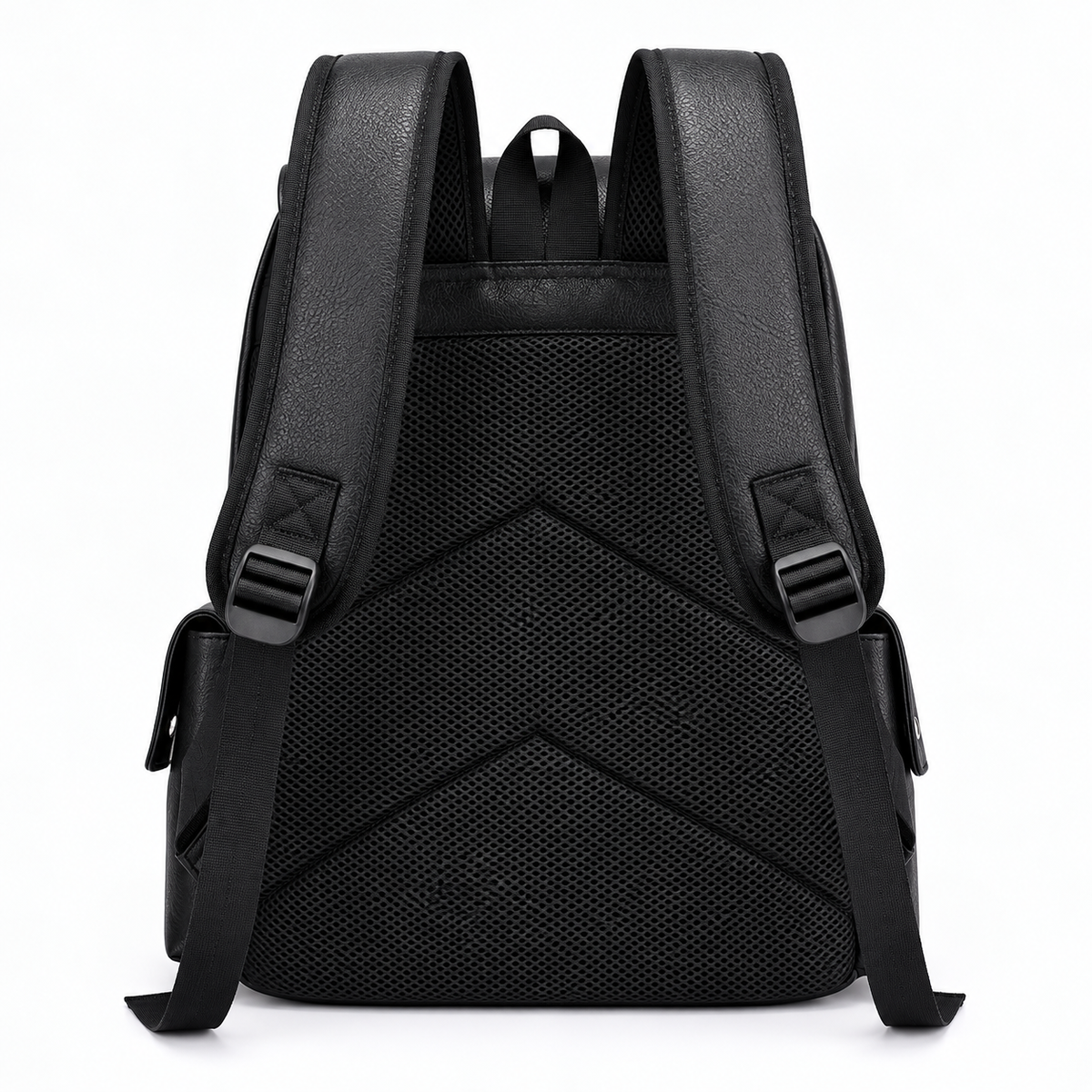 Rear view of a black retro backpack with a mesh-padded back panel, adjustable shoulder straps and top carry loop
