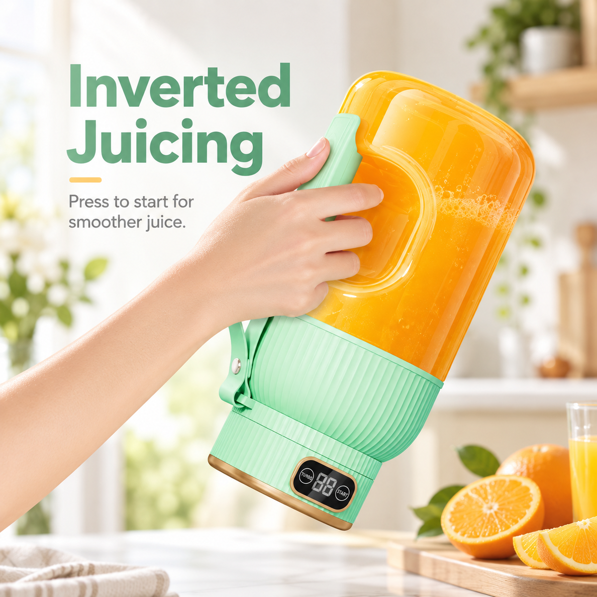Hand holding a green portable blender upside down with an orange fruit drink inside the clear cup
