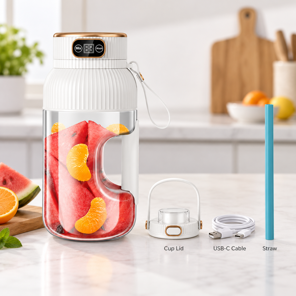 White portable blender filled with watermelon and citrus beside a drinking lid, USB-C charging cable and blue straw
