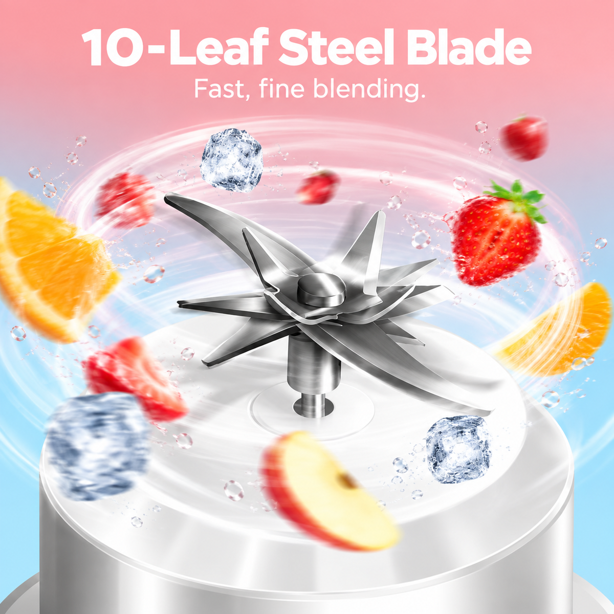 Illustration of a portable blender blade assembly surrounded by fruit pieces, ice cubes and splashing water
