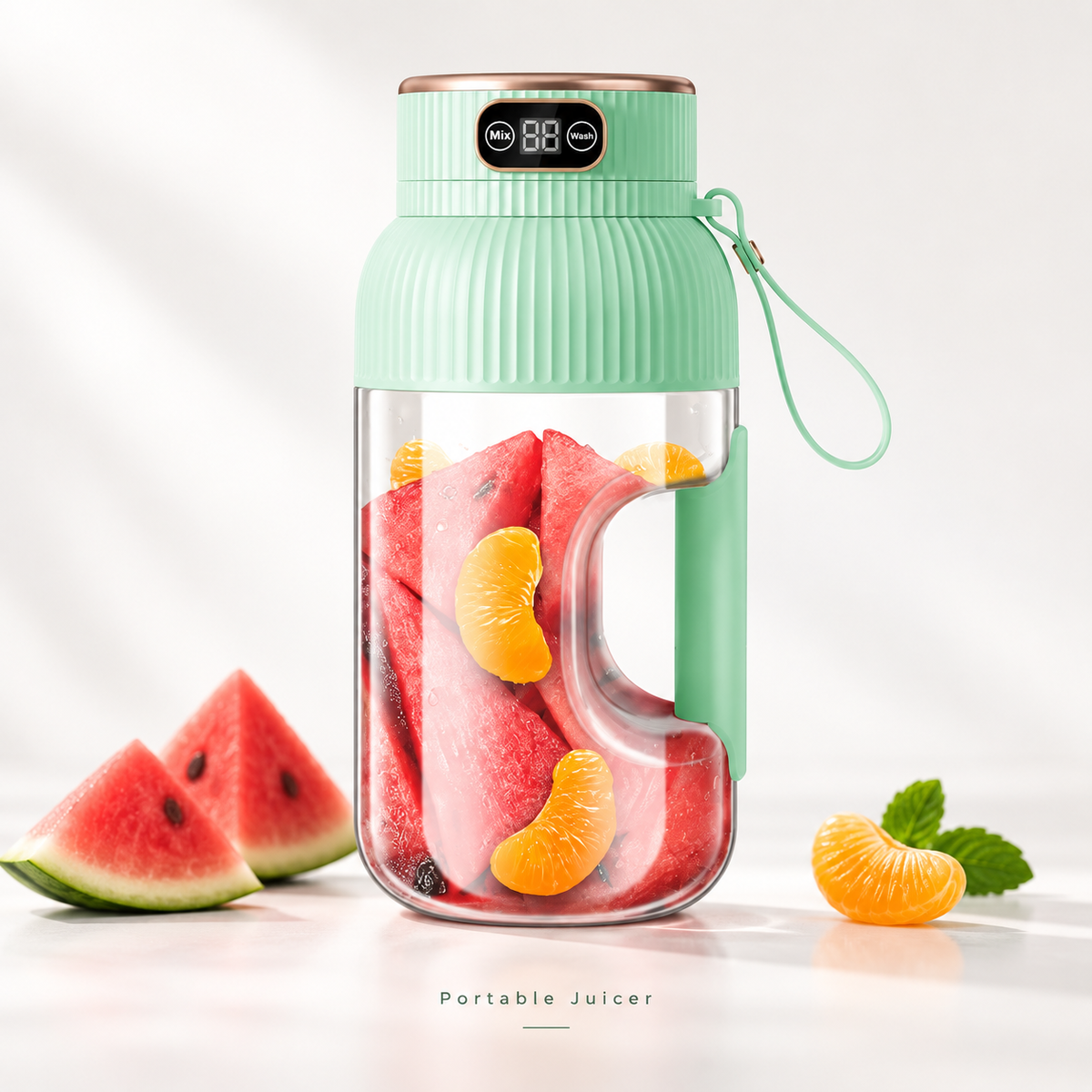 Green portable blender with a carry strap and clear handled cup filled with watermelon and citrus segments
