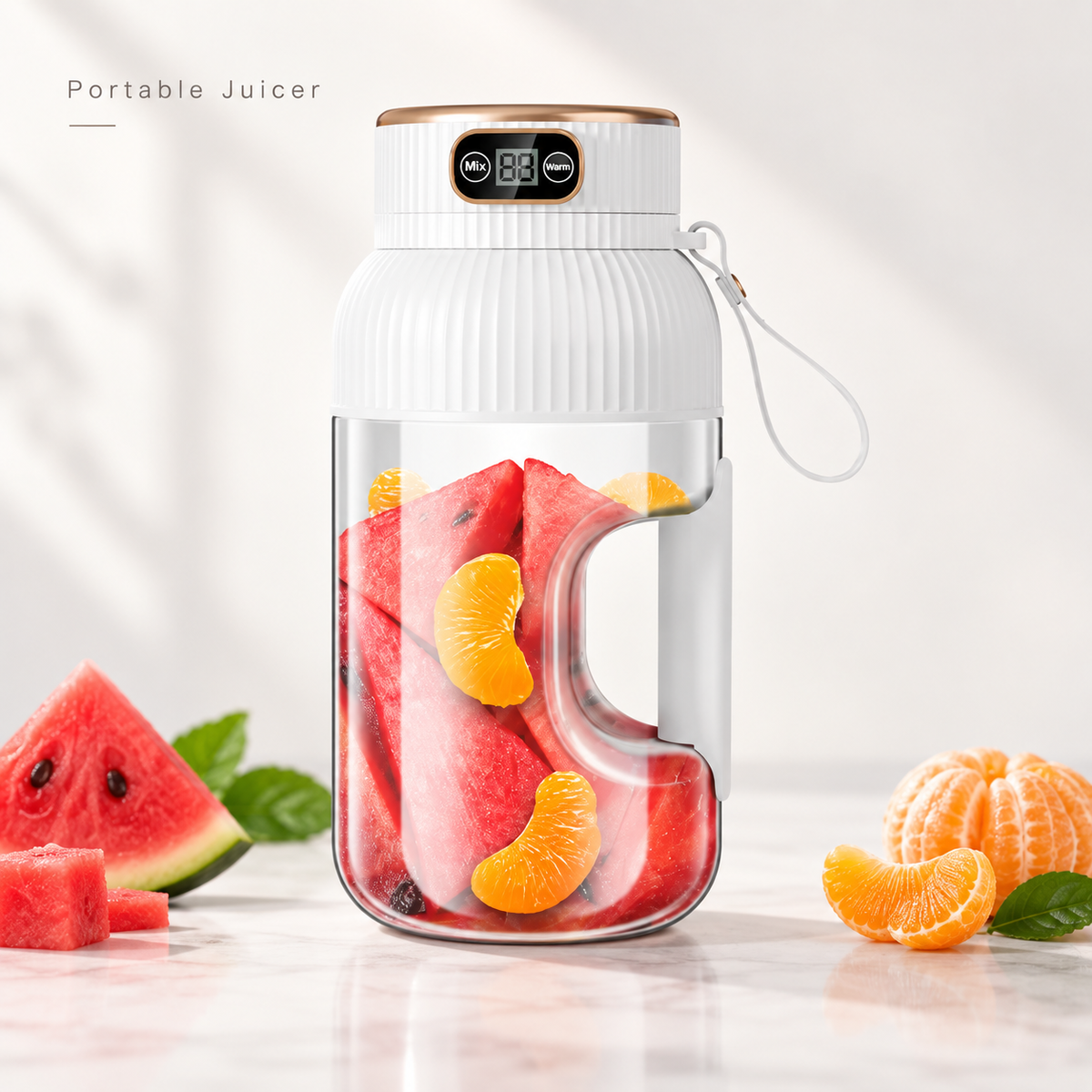 White portable blender with a digital display, carry strap and clear cup containing watermelon and citrus segments
