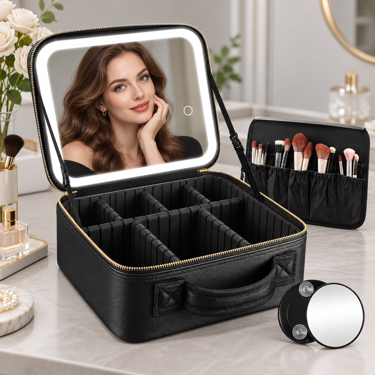 Open black makeup case with illuminated LED mirror, divided compartments, brush organizer and round detachable mirror