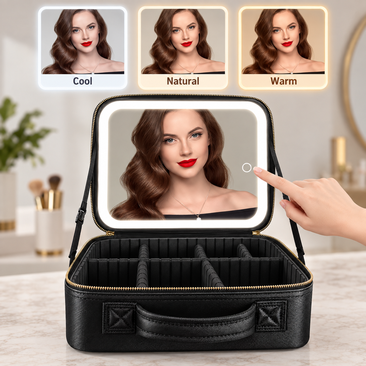 Makeup case LED mirror with touch control and a comparison of cool, natural and warm lighting modes