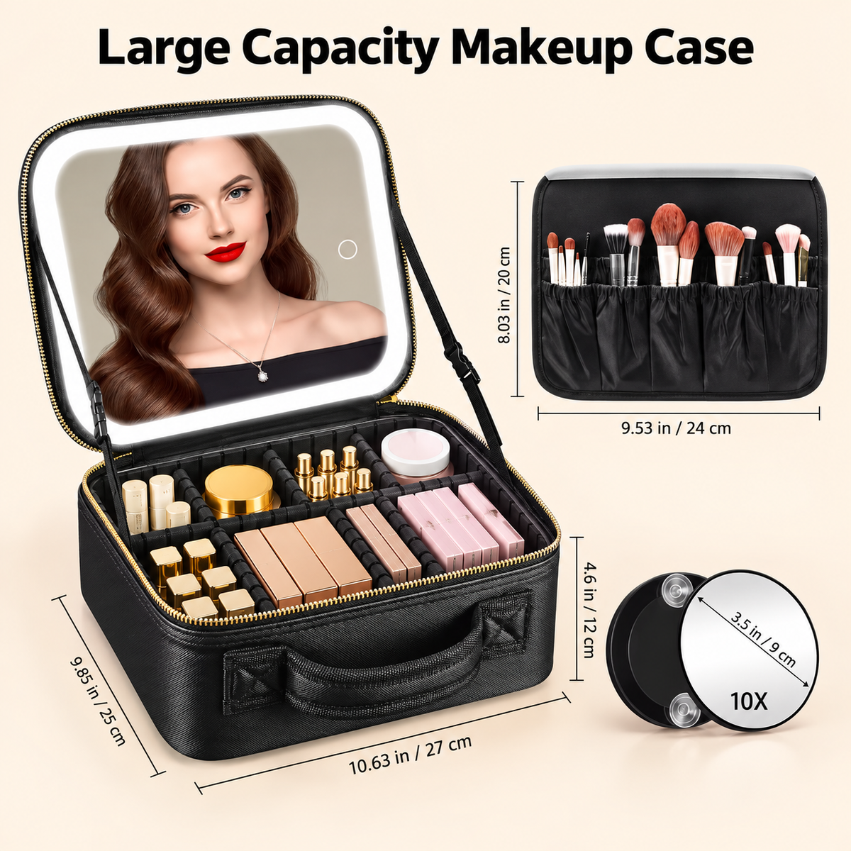 Makeup case size diagram showing 27 × 25 × 12 cm dimensions, a 24 × 20 cm brush organizer and a 9 cm 10x mirror