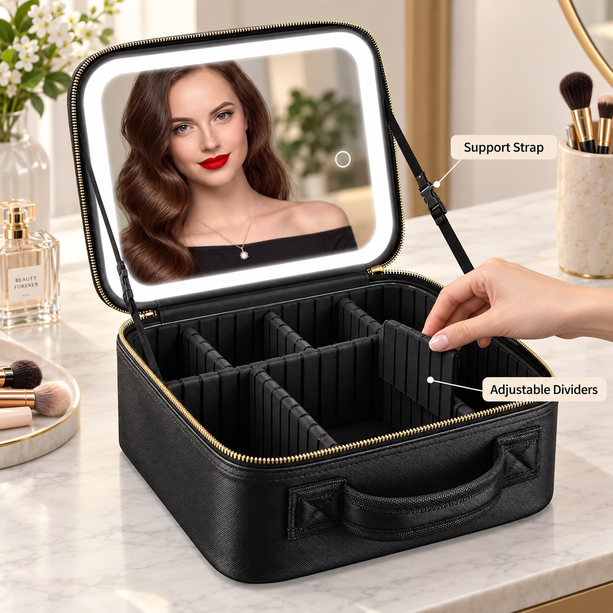 Hand repositioning a divider inside a black makeup case, with the LED mirror and lid support strap visible