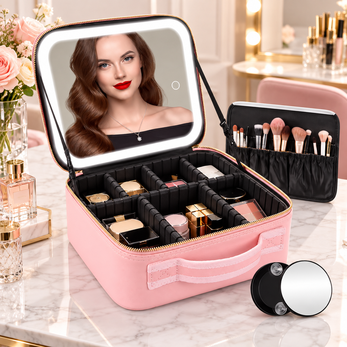Pink makeup case with cosmetics arranged in divided compartments, an illuminated mirror and a separate brush organizer