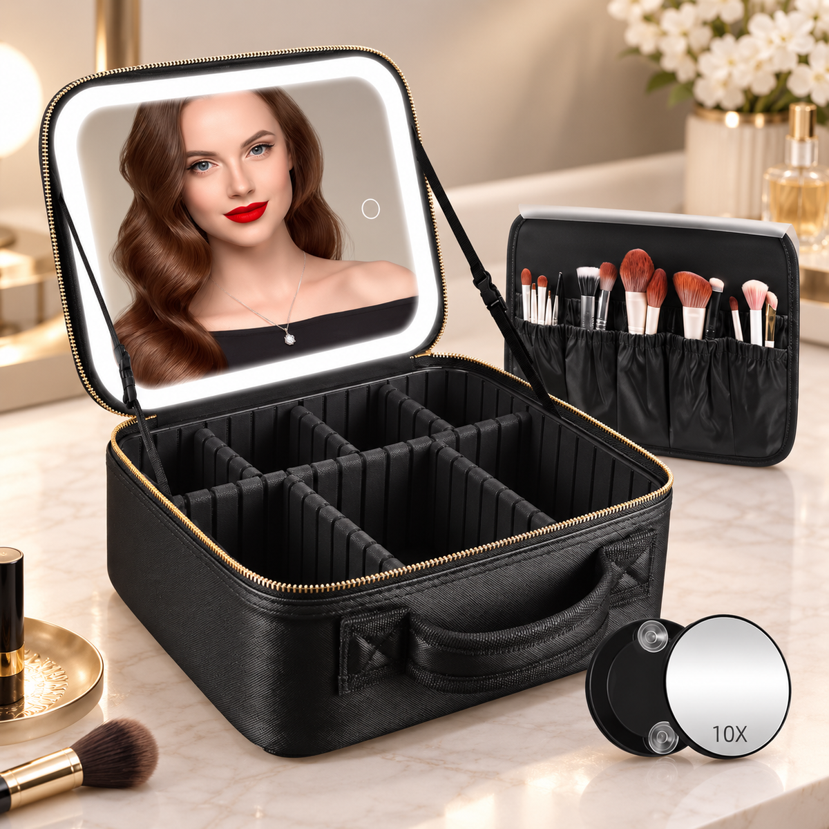 Black makeup case with empty divided compartments, an illuminated LED mirror, brush organizer and detachable 10x mirror