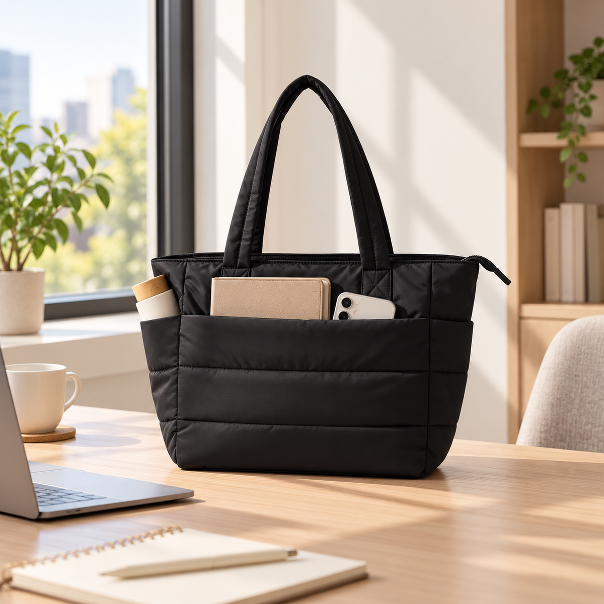 Black quilted nylon tote bag on a desk with a notebook and phone in the front pocket and a bottle in the side pocket
