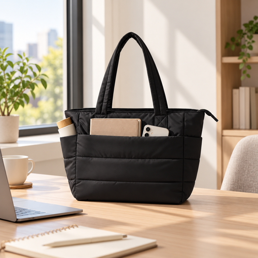 Black quilted nylon tote bag on a desk with a notebook and phone in the front pocket and a bottle in the side pocket