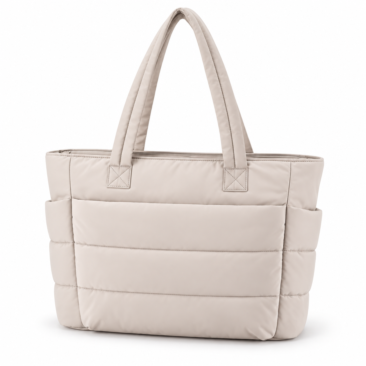 Beige quilted nylon tote bag with a zip-top closure, two shoulder straps and exterior pockets