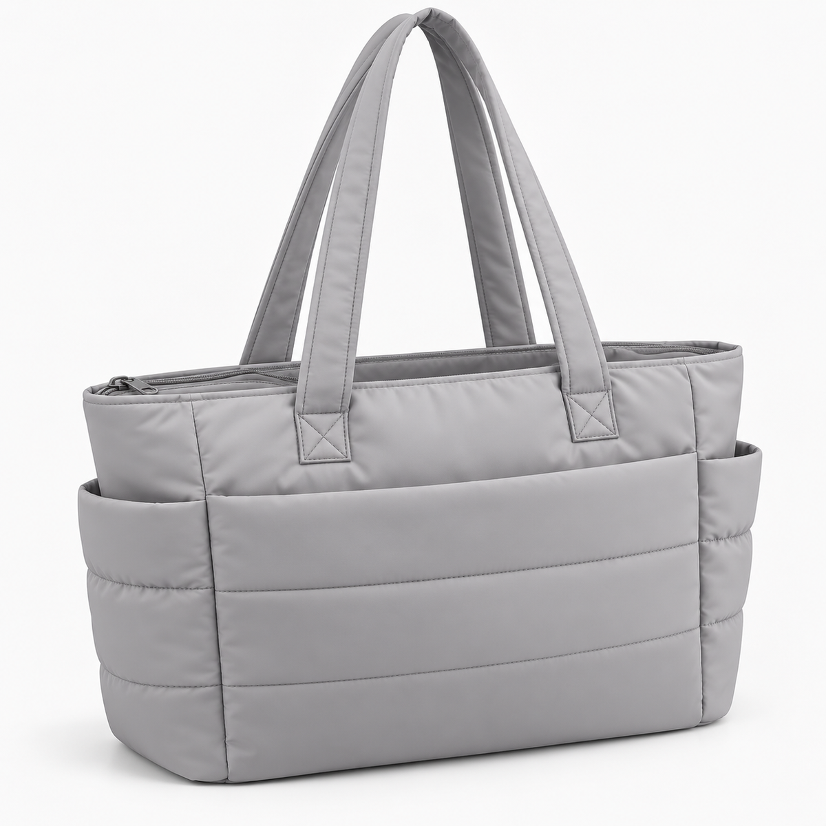 Gray quilted nylon tote bag with a wide front pocket, two side pockets and matching shoulder straps