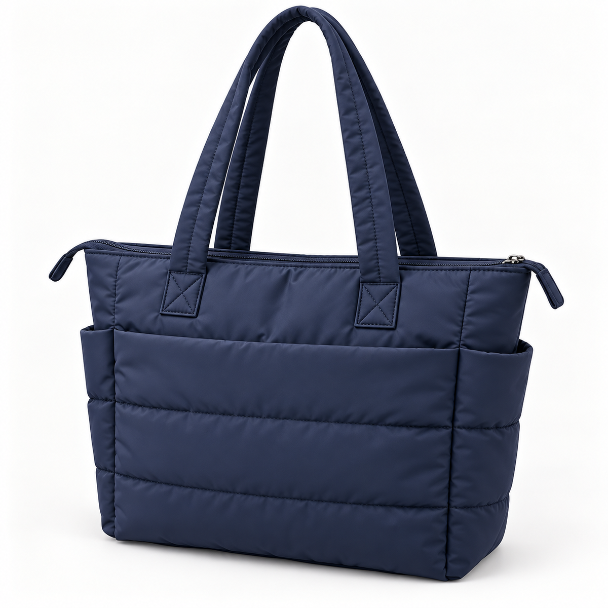 Navy blue quilted nylon tote bag with a top zipper, padded shoulder straps and exterior storage pockets