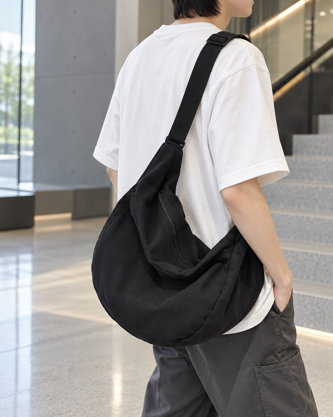 Person in a white T-shirt carrying a black hobo shoulder bag with a wide adjustable strap