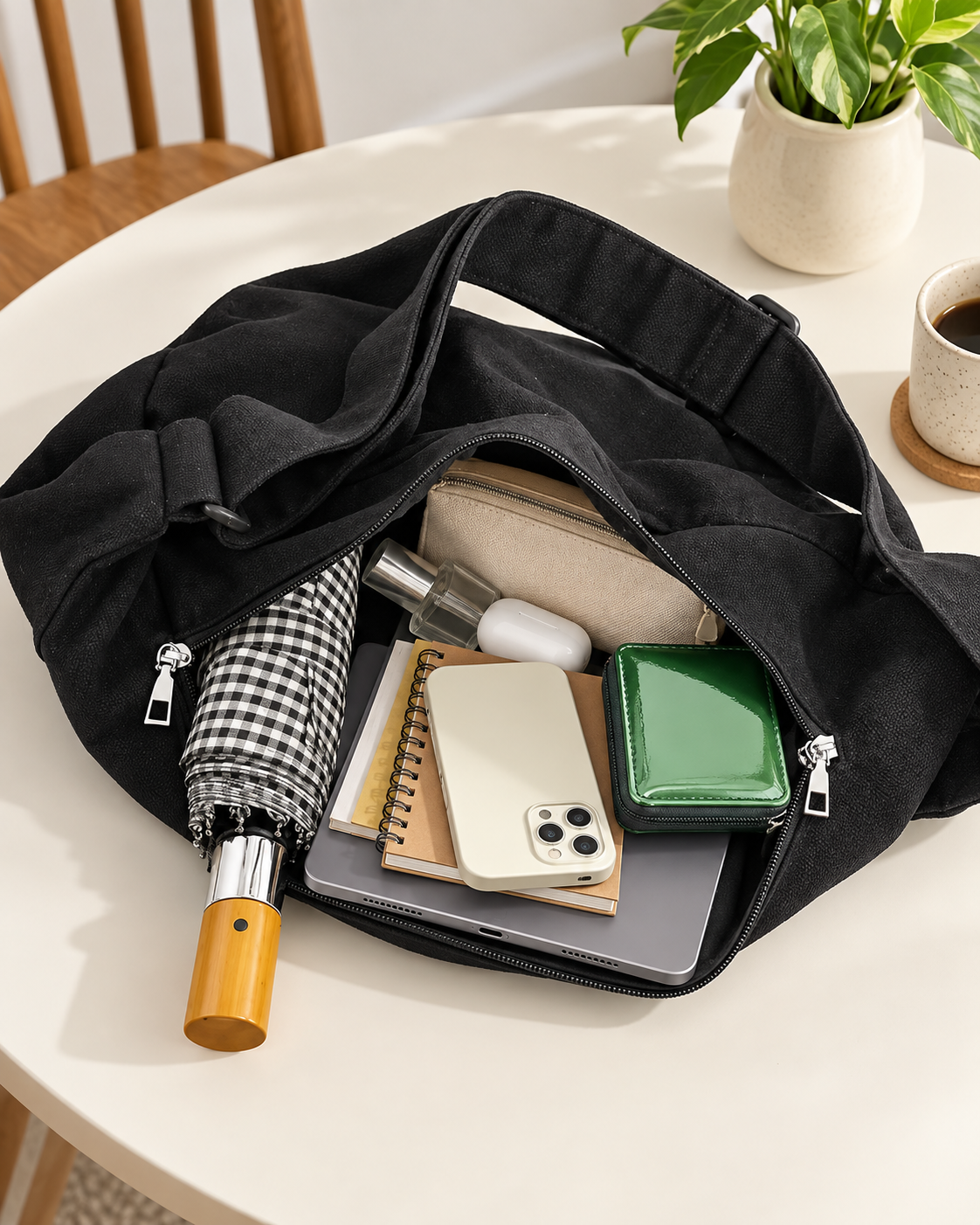 Black shoulder bag holding a tablet, notebooks, phone, umbrella, wallet and small accessories